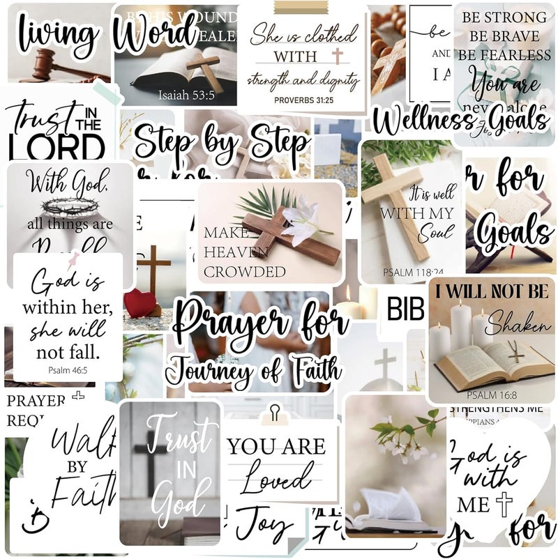 Eclazul Prayer Board Supplies Stickers - 50 Pcs White Jesus Christian Bible Verse Religious Decals for Adults Women Men Inspirational Waterproof Faith Love Kit Bulk for Water Bottle Scrapbook Journal - Image 1